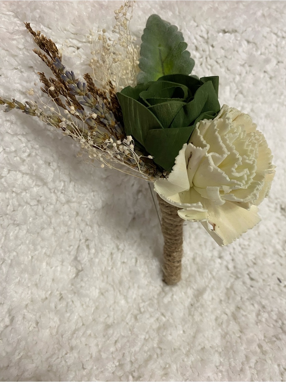 Cream and Green Boutonniere with Natural Accents - Faux Floral Pin